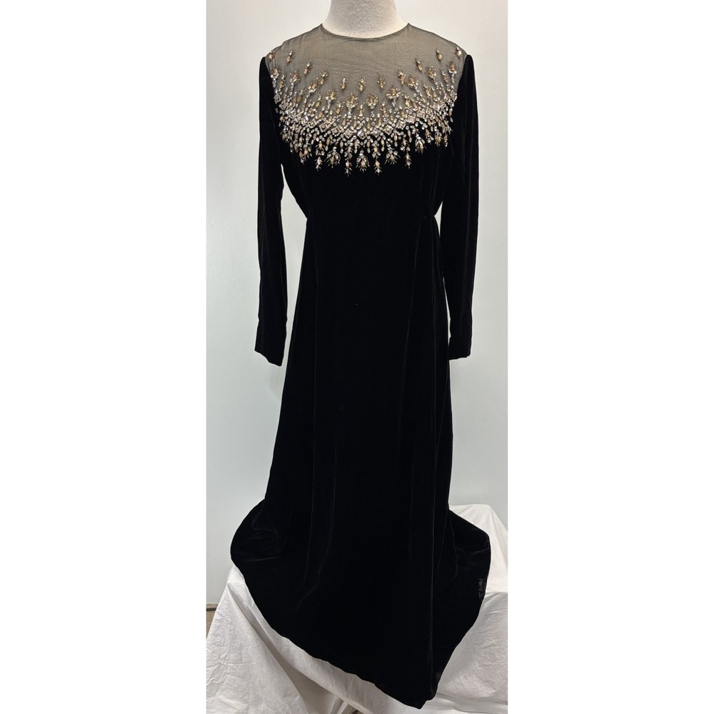 Vtg 60s Malcolm Starr Black Velvet Gown Dress Womens 14 Black Embellished Jewel